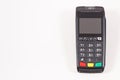 Payment terminal, credit card reader using for cashless paying. Finance concept. Place for text