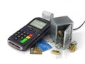 Payment terminal with credit card and safe with gold and money. Royalty Free Stock Photo