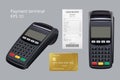 Payment terminal. Credit card termination machine nfc mobile payment receipt for goods vector realistic illustrations