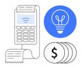 Digital Payment Terminal with Receipt, Dollar Coins, and Lightbulb for Innovating Financial Solutions Royalty Free Stock Photo