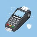 Payment terminal illustration on a light blue background. The device has a numeric