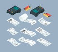 Payment terminal isometric. Purchase billing financial paper check and buying machine for nfc card payment bank