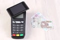 Payment terminal with mobile phone with NFC technology and polish currency, cashless paying for shopping or products Royalty Free Stock Photo