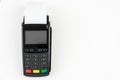 Payment terminal POS with a roll cash tape on the white background with copy space