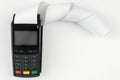 Payment terminal POS with a roll cash tape on the white background with copy space