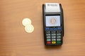 Payment terminal ready to accept bitcoins for payment.