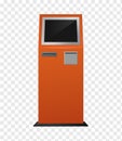 Payment terminal. Realistic Atm orange colored kiosk front view, automated teller for finance service, banking