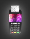 Payment touch concept POS terminal with chek and credit card on it isolated on black gradient background 3d render