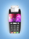 Payment touch concept POS terminal with chek and credit card on it isolated on blue gradient background 3d render