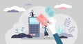 Payment transaction process concept, flat tiny person vector illustration