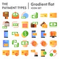 Payment types flat icon set, money symbols collection, vector sketches, logo illustrations, finance signs color gradient