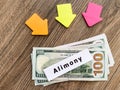 Payments alimony. Pile Dollars with sign alimony and money. Divorce and separation concept. Royalty Free Stock Photo