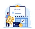 Payroll, calendar with date salary payment, man pay money. Work accountant, check calculating payment, expenses