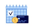Payroll, calendar with date salary payment, pay money. Work accountant, check calculating payment, expenses. Bookkeeping