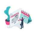 Payroll concept. Salary payment. Businessman signs a revenue sharing document.