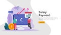Payroll income concept. salary payment annual bonus. payout with paper, calculator, and people character. web landing page
