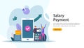 Payroll income concept. salary payment annual bonus. payout with paper, calculator, and people character. web landing page