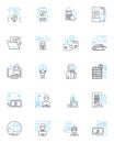 Payroll management linear icons set. Wages, Taxes, Deductions, Compensation, Payroll software, Benefits, Compliance line