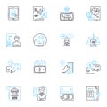 Payroll management linear icons set. Wages, Taxes, Deductions, Compensation, Payroll software, Benefits, Compliance line