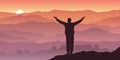 A man contemplates a sunset over the panorama of a mountain landscape.