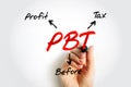 PBT Profit Before Tax - measure that looks at a company`s profits before the company has to pay corporate income tax, acronym text