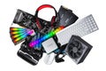 Pc computer hardware components electronics collage. cpu micro processor graphics card power supply ddr ram headset vr glasses Royalty Free Stock Photo