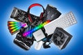 Pc computer hardware components electronics collage. cpu micro processor graphics card power supply ddr ram headset vr glasses Royalty Free Stock Photo