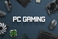 PC gaming concept scene with text and gaming computer components