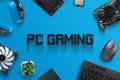 PC gaming text surrounded with gaming computer components Royalty Free Stock Photo