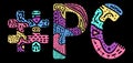 PC Hashtag. Multicolored bright isolate curves doodle letters with ornament. Popular Hashtag #PC for computer