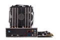 PC mainboard with CPU cooler on white Royalty Free Stock Photo