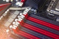 PC Mainboard memory slots and components. Close up with selective focus