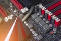 PC Mainboard memory slots and components. Close up with selective focus