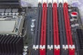 PC Mainboard memory slots and components. Close up with selective focus