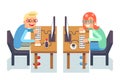 PC monitor programmer gamer table chair guy girl isolated icon flat design character vector illustration