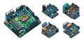 Pc motherboards isometric vector set. Semiconductor personal computer building microelectronics processor chip device Royalty Free Stock Photo