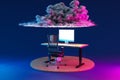 pc office workplace on infinite background with cloud over head workload stress burnout concept 3D Illustration