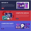 PC repair. Computer service web banners set. Hardware components. Desktop network. Electronic part store flyer. Chip