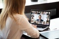 People engaged in group videocall, laptop screen webcam application view Royalty Free Stock Photo