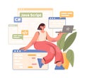 PC work. Computer programmer character. Browser windows. Web software. Programming script. Developer sitting on website frame with Royalty Free Stock Photo