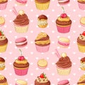 Pcakes, macaroons and hearts seamless vector pattern on pink background.