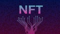 PCB tracks on bottom and crumbled text NTF non fungible token from falling golden cubes. Fragmented text from blocks on purple