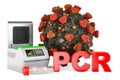 PCR test for coronavirus, concept. PCR thermal cycler with virus, 3D rendering