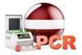 PCR test for COVID-19 in Latvia, concept. PCR thermal cycler with Latvian flag, 3D rendering