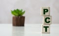 PCT word on wooden cubes on a light background with a cactus Royalty Free Stock Photo