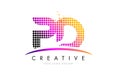 PD P D Letter Logo Design with Magenta Dots and Swoosh