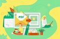 PDF converter concept with tiny people. Screen with changing or converting process of document to another format