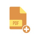 PDF document icon, pdf extension, file format icon with add sign. PDF document icon and new, plus, positive symbol