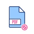 PDF document icon, pdf extension, file format icon with not allowed sign. PDF document icon and block, forbidden, prohibit symbol