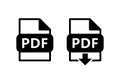 pdf file format black icon, download pdf document sign with arrow, set of two vector symbols Royalty Free Stock Photo